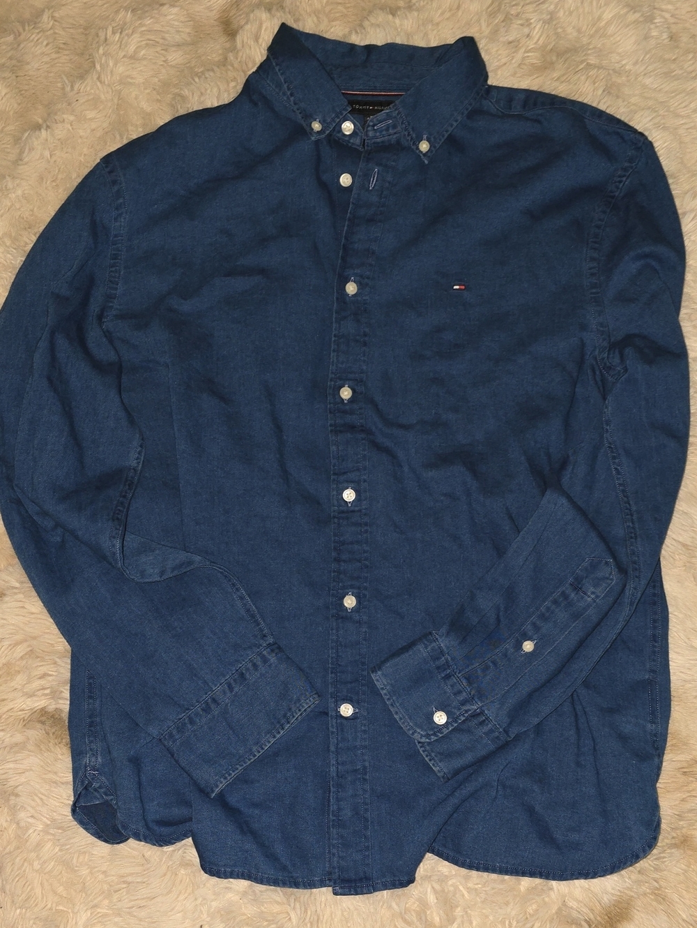 Tommy Hilfiger Men's Dark Blue Chambray Button-Down Denim Shirt XL